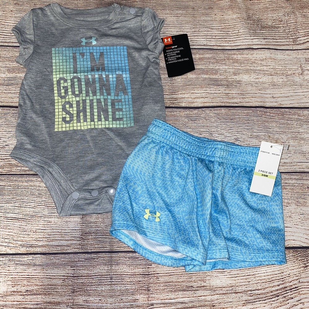Under Armour 3-6 Months I'm Gonna Shine Outfit Set NEW Grey Blue Shorts Summer